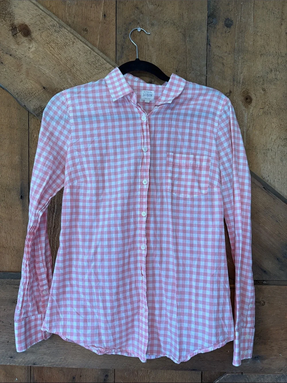 J. Crew Pink and White Gingham Button-Down Shirt